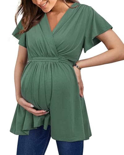 OUGES Women's Wrap Tie Back Short Sleeve Summer Maternity Nursing Tops 2026 - color: Olive Green, size: Small