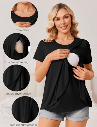Ekouaer 3 Pack Nursing Shirts Short Sleeve Breastfeeding Tops Maternity Tee - color: Black/Brown/Light Gray, size: Medium