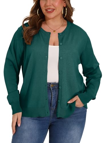 OLRIK Plus Size Long Sleeve Crewneck Cardigan Classic Fall Knit - color: Cyan, size: 4X