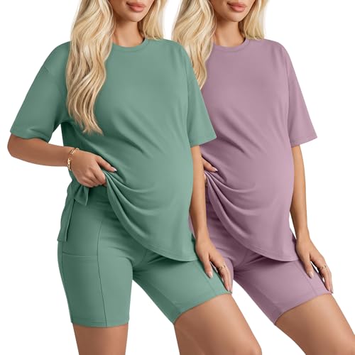 Huukeay 2 Pack Women Maternity Set Pregnancy Outfits - color: Gray Green, Mauve, size: Small