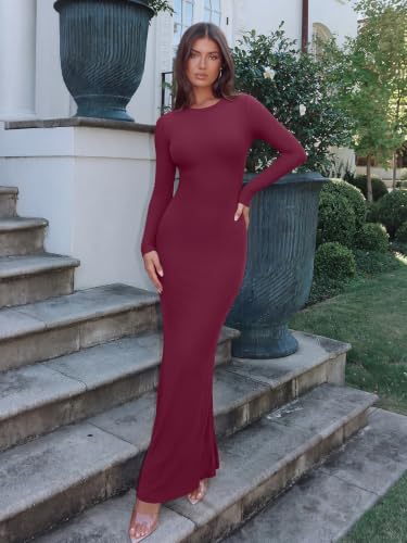 REORIA Women's Long Sleeve Ribbed Bodycon Maxi Dresses - color: Burgundy, size: X-Small