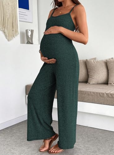 BLENCOT Maternity Ribbed Jumpsuit Stretchy One Piece Wide Leg Romper - color: Dark Green, size: XX-Large
