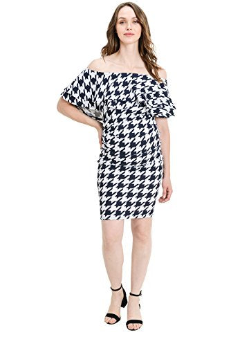 LaClef Women's Off Shoulder Maternity Dress with Double Ruffle - color: D.navy Houndstooth, size: Small