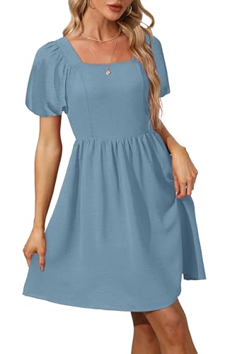 OFEEFAN Women Puff Sleeve Square Neck Tie in Back Dresses with Zipper - color: Dusty Blue, size: X-Small