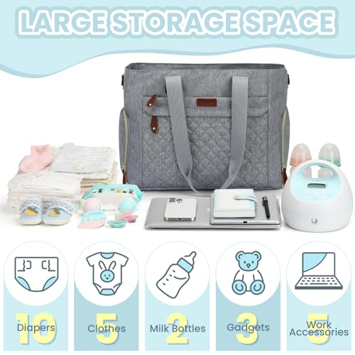 Pritent Baby Diaper Bag Tote,Waterproof Maternity Breast Pump Bags for Mom - color: Grey