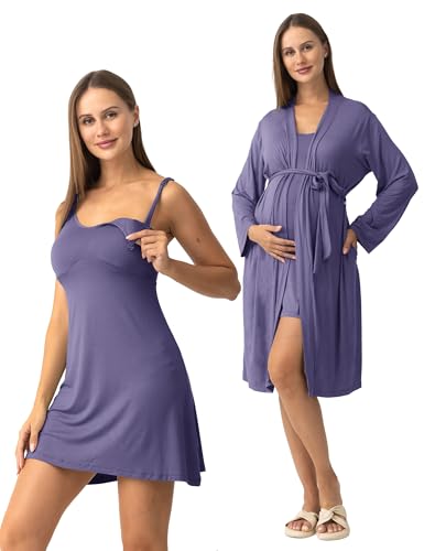 SUNNYBUY Nursing Nightgown & Maternity Robe Set for Postpartum Sleepwear - color: Purple Blue, size: Medium