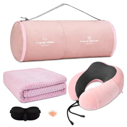 urnexttour Travel Pillow and Blanket Set Neck Pillow Airplane Memory Pink - color: B-pink