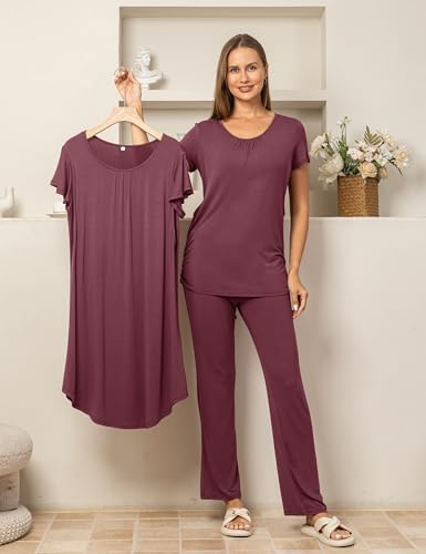 SUNNYBUY 3 PCS Maternity Nursing Sleepwear Set with Nightgown, Top & Pants - color: Burgundy, size: Medium