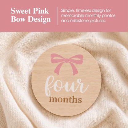 Kate & Milo Wooden Baby Monthly Milestone Discs, Pink Bow Design