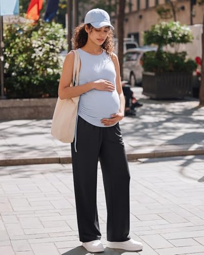 G4Free Chillwhisp Maternity Pants Lightweight with Adjustable Waisted Pregnancy Wide Leg Trousers Summer - color: Black, size: Small Tall