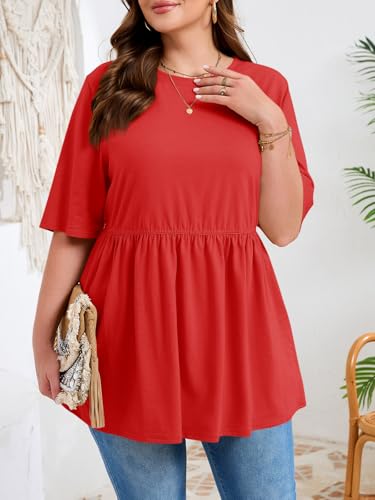 Beautife Womens Plus Size Babydoll Tops Summer Peplum Flowy Tunic Blouses - color: Red, size: 3X-Large Plus