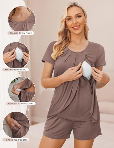 Ekouaer Women's Maternity Nursing Pajamas Set Breastfeeding Sleepwear Pjs - color: Brown, size: Large