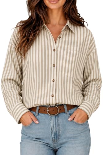 CHYRII Women's Striped Button Down Long Sleeve Blouse - color: Olive Green, size: Large
