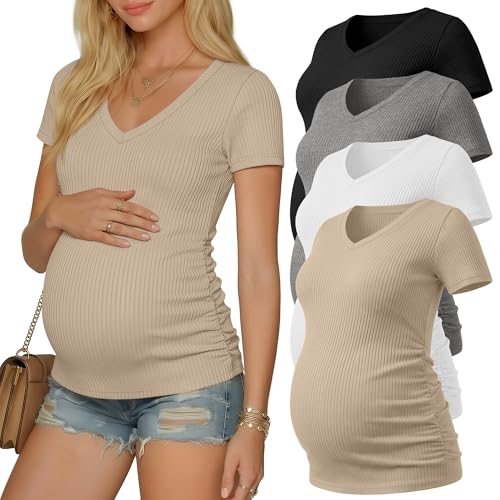 Neer 4 Pack Women's Maternity Shirts Short Sleeve - color: Black, Light Heather Gray, White, Khaki, size: Large