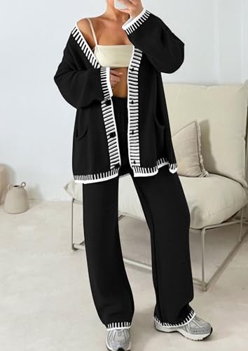 PRETTYGARDEN Women's Fall 2 Piece Knit Sweater Lounge Set - color: Black, size: X-Large