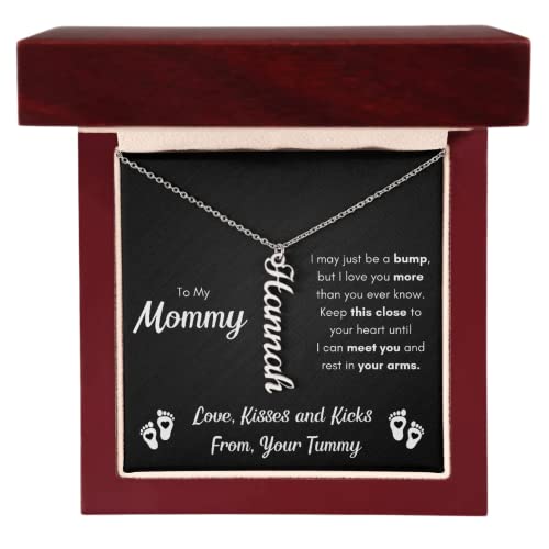 FG Family Gift Mall Baby Gift Set To My Mommy Necklaces For Women, Gift for New Mom, Baby Shower Present for Mom To Be Pregnancy Gifts for First Time Pregnant Moms Christmas - color: Baby Bump Vertical Custom Name, style: Mahogany LED Box