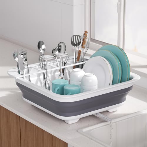 THANSTAR Collapsible Dish Drying Rack for RV Campers Portable Dinnerware Drainer Organizer for Kitchen Travel Trailer - color: Gray- Gray
