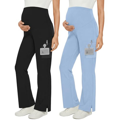 2 Pack Women's Maternity Wide Leg Cargo Scrub Pants - color: Black, Light Gray Blue, size: Large