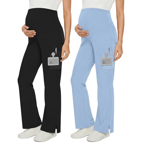 2 Pack Women's Maternity Wide Leg Cargo Scrub Pants - color: Black, Light Gray Blue, size: X-Large