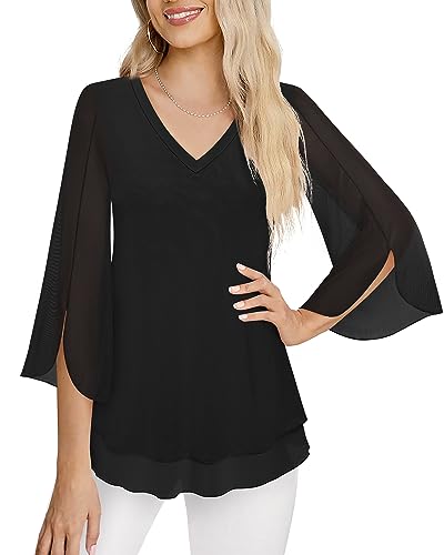 Timeson Women's 3/4 Sleeve Floral Blouses Shirts - color: Black, size: Large