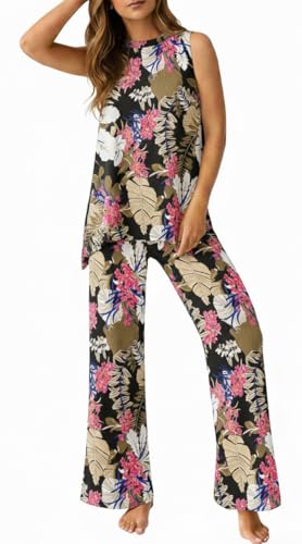 PrinStory Womens Pajamas Sets Sleeveless Pjs Set S-4XL - color: Fp-big Leaf Pink, size: X-Large