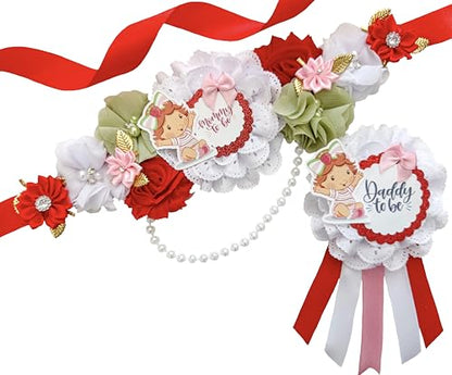 Strawberry Shortcake Baby Shower Sash & Pin Set – Mom-to-Be Party Accessories, Cute Dessert Theme