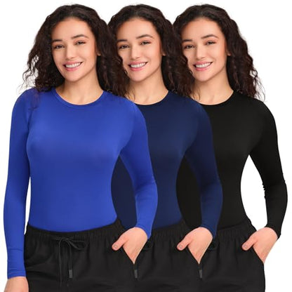 COZYFIT 3 Pack Underscrub Long Sleeve Women, Undershirts, High Crew Neck - color: Black/Royal Blue/Navy Blue, size: Medium