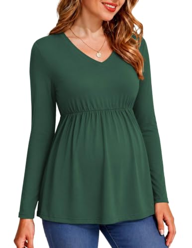 Ekouaer Maternity Shirts for Women Long Sleeve V Neck Fall Tops Clothes - color: Green, size: Medium