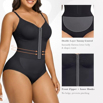 YIANNA Women's Shapewear Bodysuit Double Tummy Control Seamless Zip-Up - color: Black, size: Small-Medium