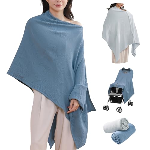 TADO MUSLIN 2-Pack Muslin Nursing Cover for Baby Breastfeeding, 100% Organic Cotton Breastfeeding Cover for Mom, Soft Breathable Privacy Nursing Apron, Multi-use Stroller Cover & Car Seat Canopy Blue - color: Light Grey & Dusk Blue, size: Medium