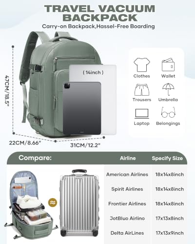 suradar Vacuum Backpack Travel with Pump,Travel Backpack with One Button Vacuum System Vacpack Sealed Compression Airbag Carry on Dark Green - color: X1-dark Green
