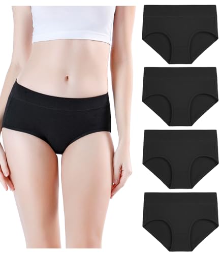 wirarpa Women's Underwear Cotton Mid Waisted Ladies Panties Full Coverage Briefs 4 Pack (Regular & Plus Size) - color: Black-4 Pack, size: X-Small