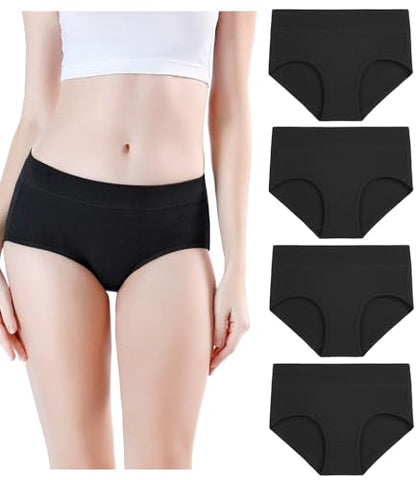 wirarpa Women's Underwear Cotton Mid Waisted Ladies Panties Full Coverage Briefs 4 Pack (Regular & Plus Size) - color: Black-4 Pack, size: X-Small