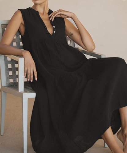 R.Vivimos Womens Summer Cotton Button V Neck Maxi Dress - color: Black, size: Medium