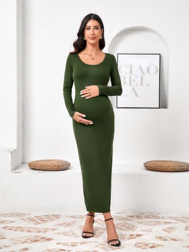 Yousify Womens Maternity Maxi Dress Long Sleeve Slim Fit Pregnancy Clothes - color: Army Green, size: Medium