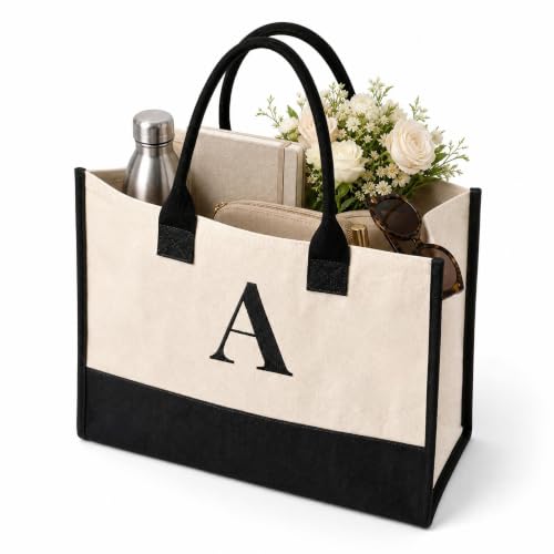 Salt Earth Canvas Tote Bag for Women, Personalized Initial Monogram Tote, Beach Grocery Utility Tote for Travel & Work - color: A, size: Soho Signature