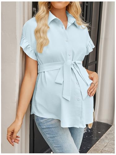 MakeMeChic Women's Maternity Nursing Work Blouse Pregnancy Ruffle Tops - color: Mint Green, size: Medium