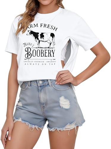 Women's Breastfeeding Shirt Zipper Nursing T-Shirt Maternity Graphic Tees - color: White a, size: X-Large