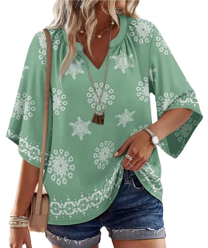 WIHOLL Boho Tops for Women Summer Spring 3/4 Sleeve Dressy Fashion V Neck Casual 2026 Business Beach Plus Size Resort Blouses - color: Light Green, size: Large