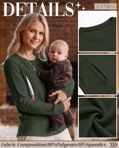 Neer 3 Pack Women's Nursing Hidden Zipper Long Sleeve Shirts - color: Coffee, Army Green, Black, size: Medium
