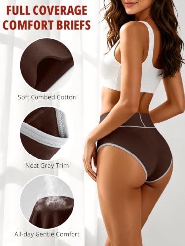 Women’s Cotton Underwear, High Waist, Full Coverage Briefs, 5 Pack - color: Black/Coffee Brown/Camel/Deep Apricot/Heather Gray, size: 4X-Large