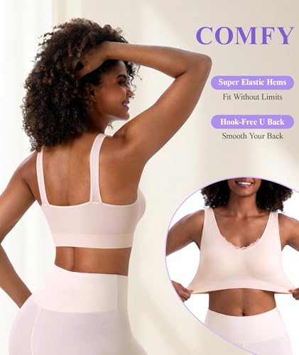 Bras for Women No Underwire Lace V-Neck Wireless Bra Wireless Sleep Bras - color: 3 Pack-skin, size: Small