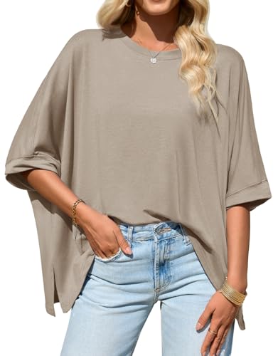 Tankaneo Womens Oversized Tshirts Batwing Short Sleeve Asymmetric Hem Tops - color: Brown, size: Large