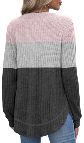OFEEFAN Womens Sweaters Crew Neck Tunic Tops Long Sleeve Shirts Curved Hem - color: Pink Grey, size: 3X-Large