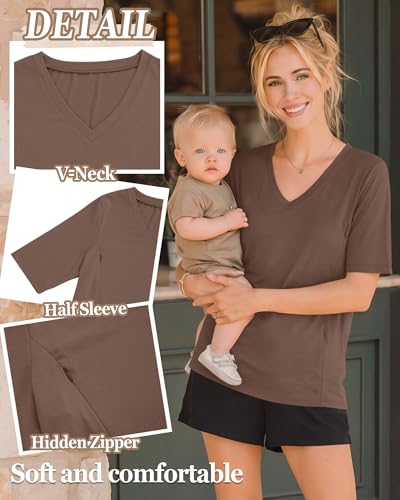 4 Pack Women Nursing Shirts Breastfeeding Tops - color: Brown, White, Gray, Black, size: Medium