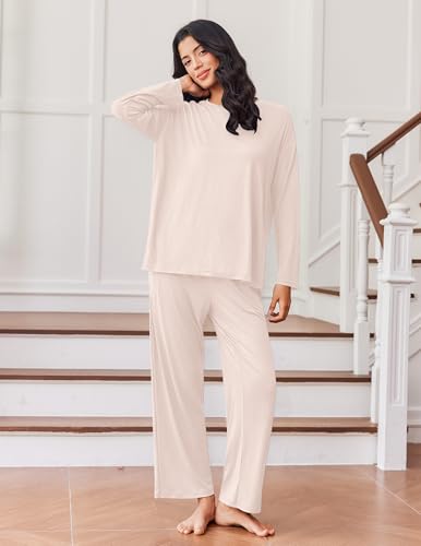Ekouaer Lounge Sets for Women Long Sleeve Pajamas Fall Loungewear - color: Beige, size: Small