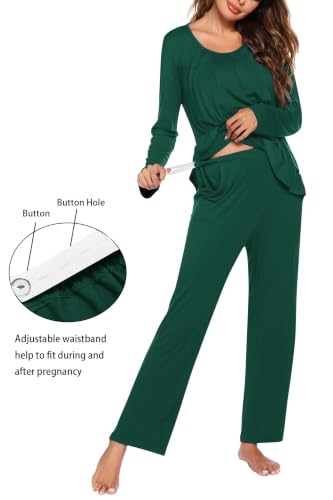 Ekouaer Maternity Nursing Pajama Set Long Sleeve Breastfeeding Sleepwear - color: Dark Green, size: Large