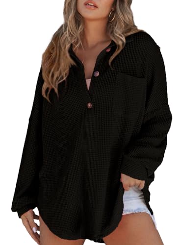 Astylish Women Waffle Knit Tops Henley Shirts - color: Black, size: Medium