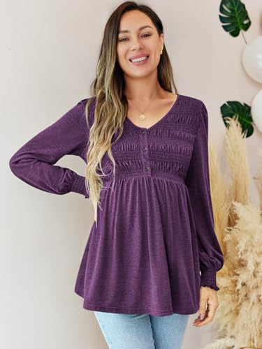 FMEYOA Maternity Tops V Neck Puff Sleeve Smocked Button Maternity Shirts - color: Purple, size: Medium