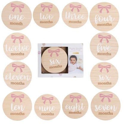 Kate & Milo Wooden Baby Monthly Milestone Discs, Pink Bow Design
